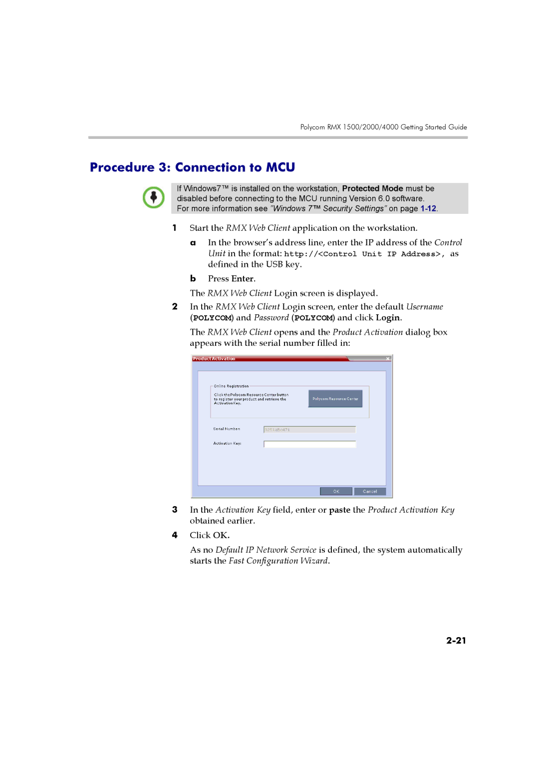 Polycom DOC2560B manual Procedure 3 Connection to MCU, Start the RMX Web Client application on the workstation 