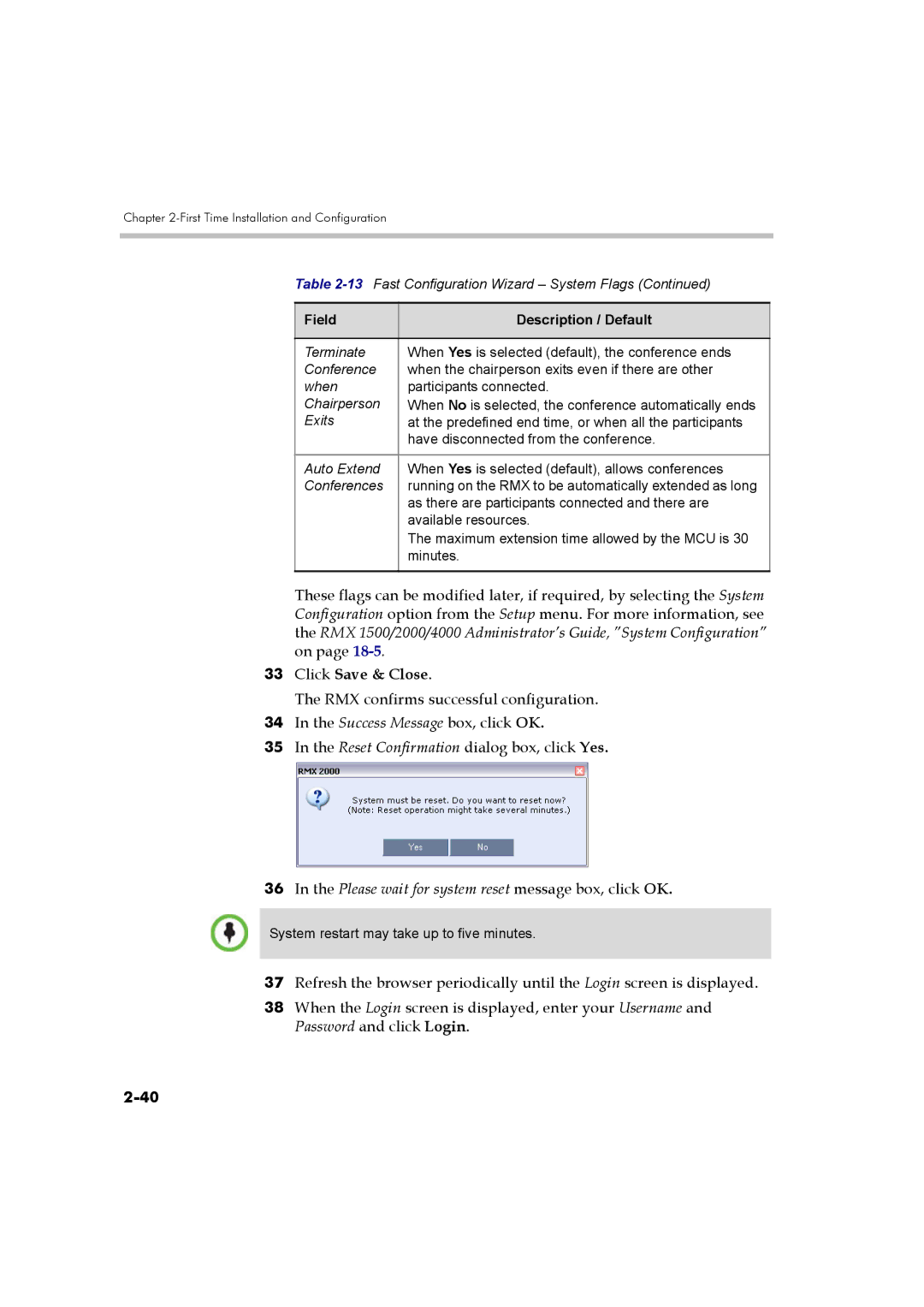 Polycom DOC2560B manual Click Save & Close, Please wait for system reset message box, click OK 