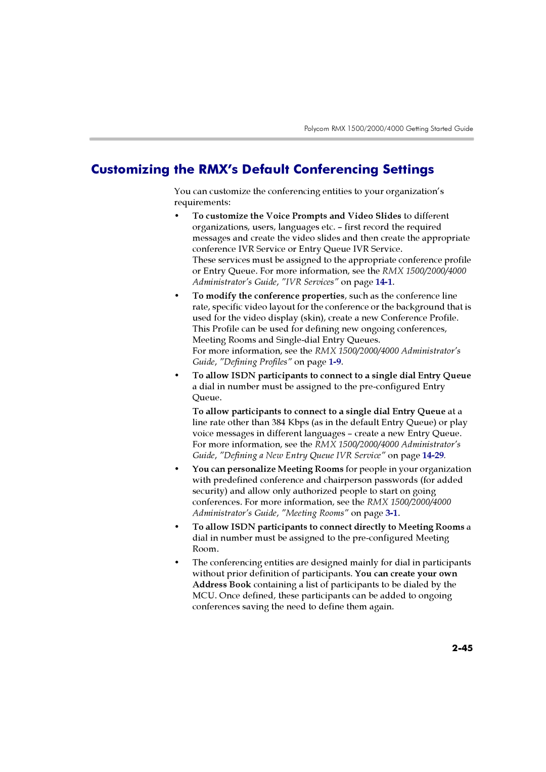 Polycom DOC2560B manual Customizing the RMX’s Default Conferencing Settings 