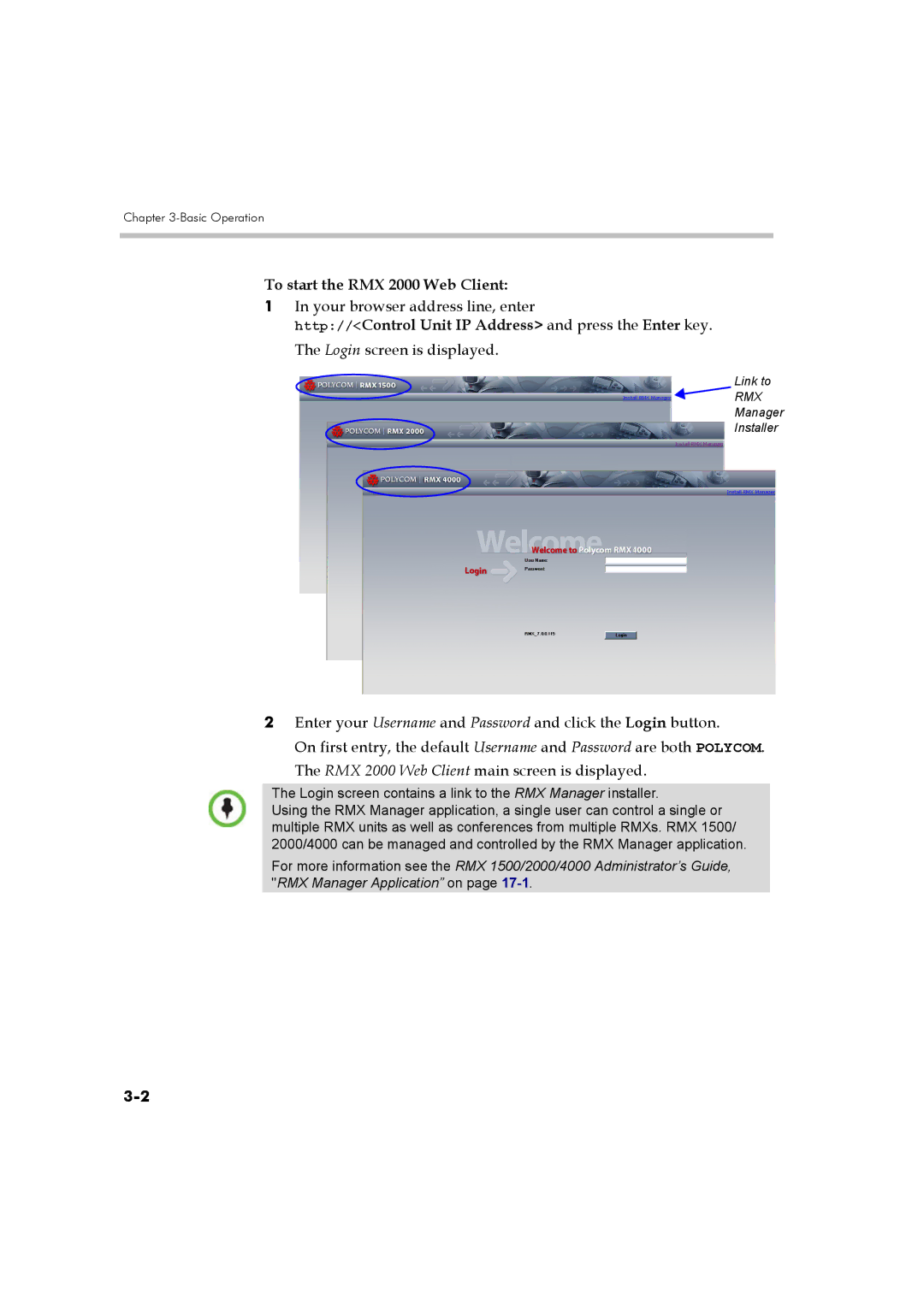 Polycom DOC2560B manual To start the RMX 2000 Web Client, Login screen contains a link to the RMX Manager installer 