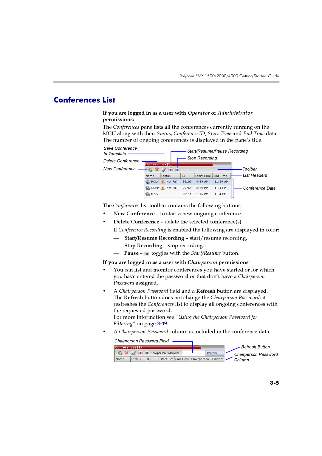 Polycom DOC2560B manual Conferences List, If you are logged in as a user with Chairperson permissions 