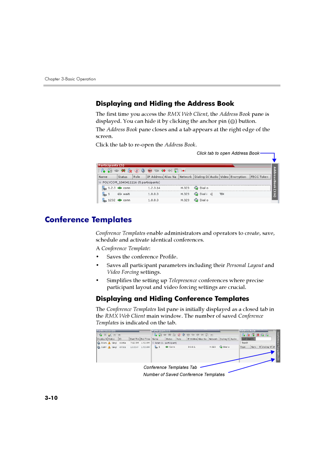 Polycom DOC2560B manual Displaying and Hiding the Address Book, Displaying and Hiding Conference Templates 