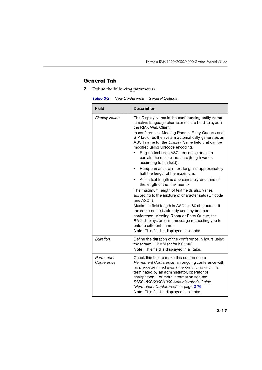 Polycom DOC2560B manual General Tab, Field Description 