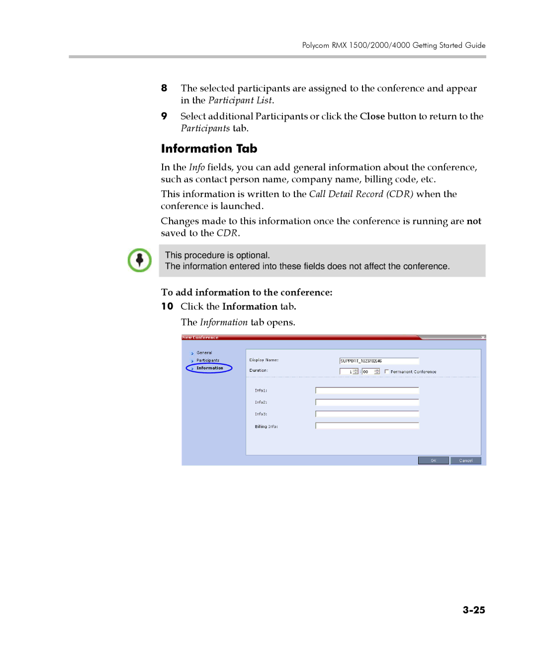 Polycom DOC2560C manual Information Tab, To add information to the conference 
