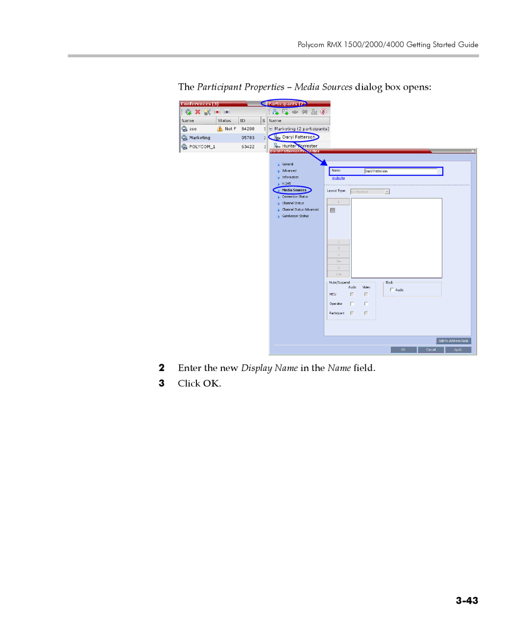 Polycom DOC2560C manual Participant Properties Media Sources dialog box opens 