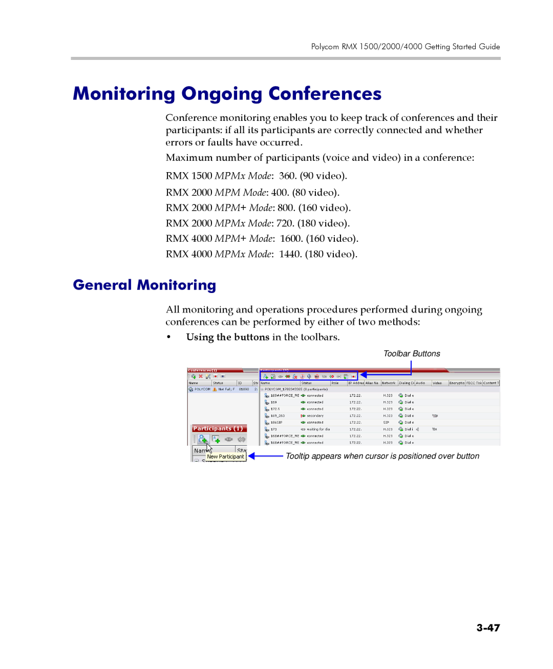 Polycom DOC2560C manual Monitoring Ongoing Conferences, General Monitoring, Using the buttons in the toolbars 