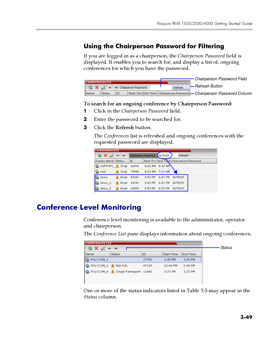 Polycom DOC2560C manual Conference Level Monitoring, Using the Chairperson Password for Filtering 