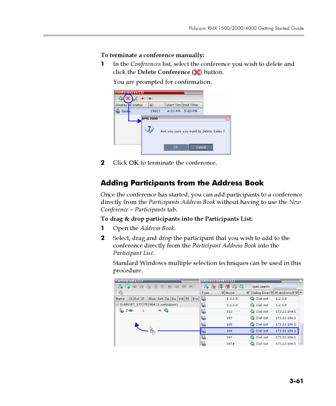 Polycom DOC2560C Adding Participants from the Address Book, To terminate a conference manually, Open the Address Book 