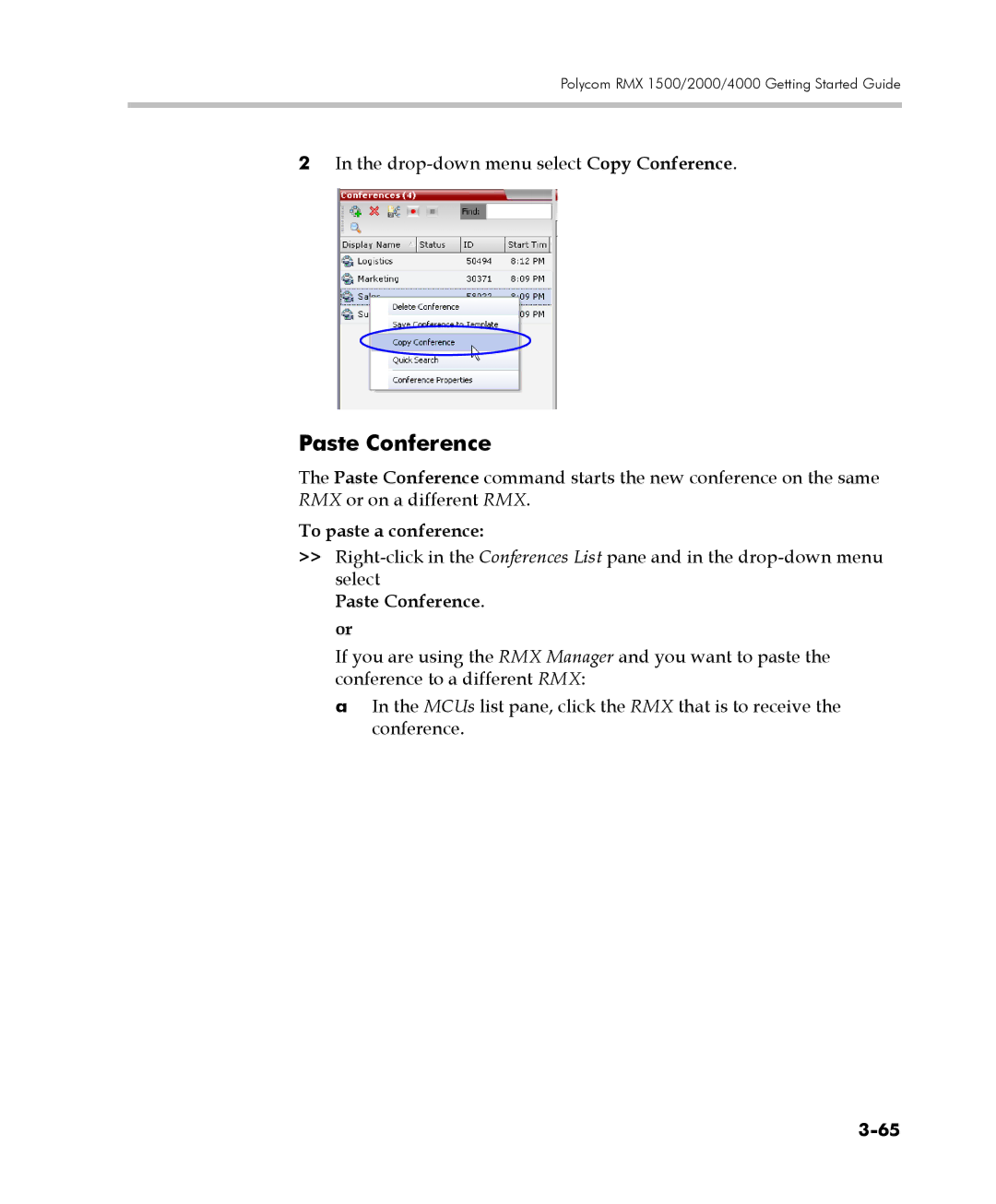 Polycom DOC2560C manual To paste a conference, Paste Conference. or 