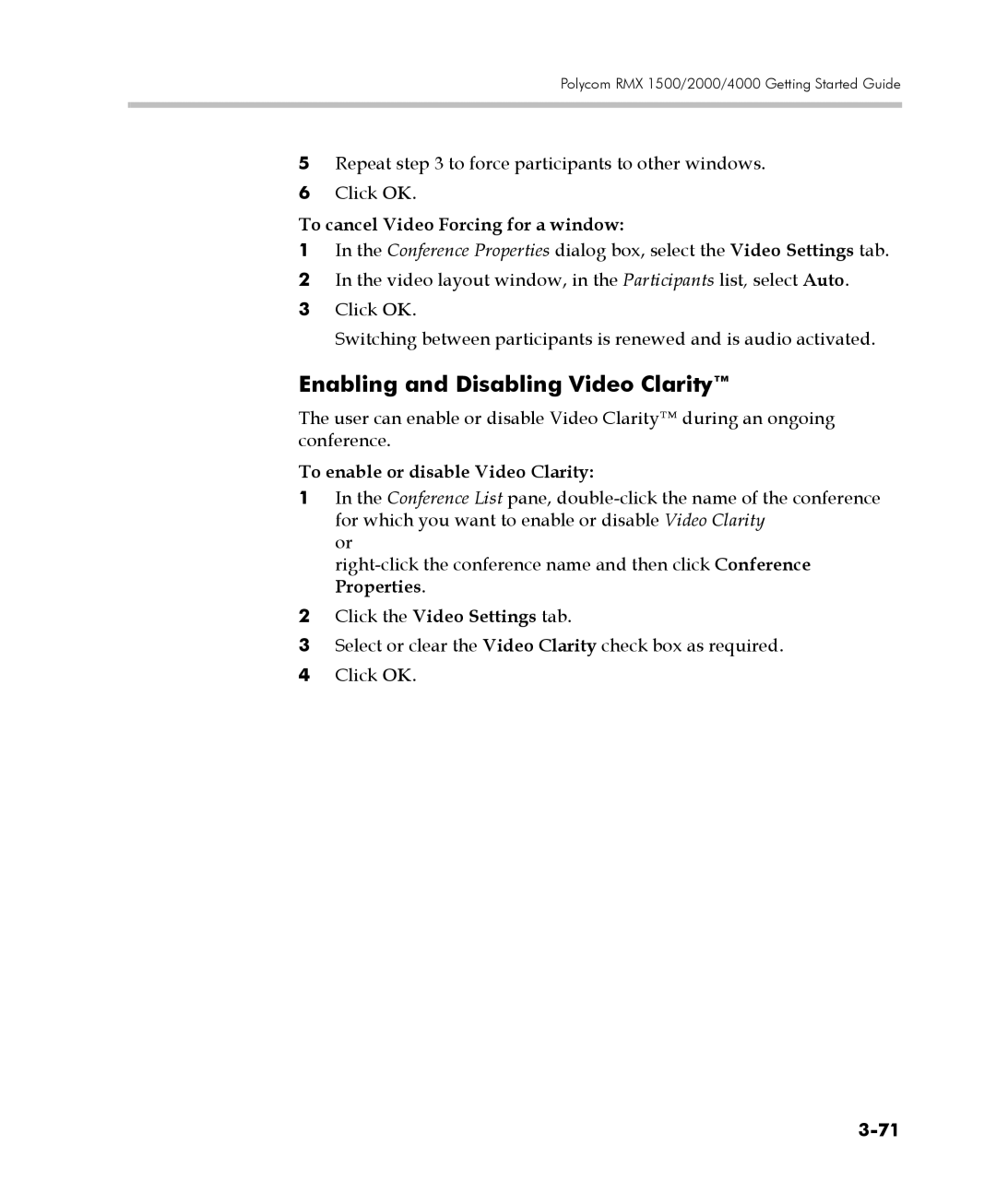 Polycom DOC2560C Enabling and Disabling Video Clarity, To cancel Video Forcing for a window, Click the Video Settings tab 