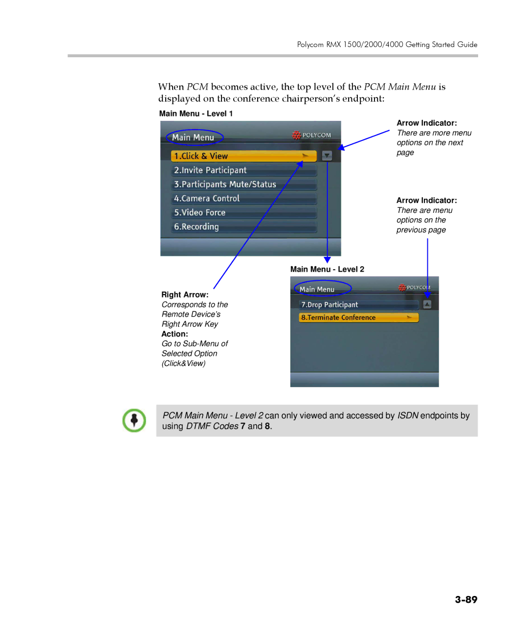 Polycom DOC2560C manual Main Menu Level Right Arrow 