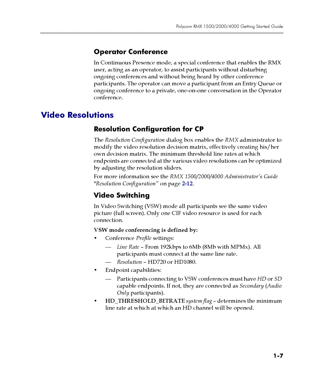 Polycom DOC2560C manual Video Resolutions, Operator Conference, Resolution Configuration for CP 