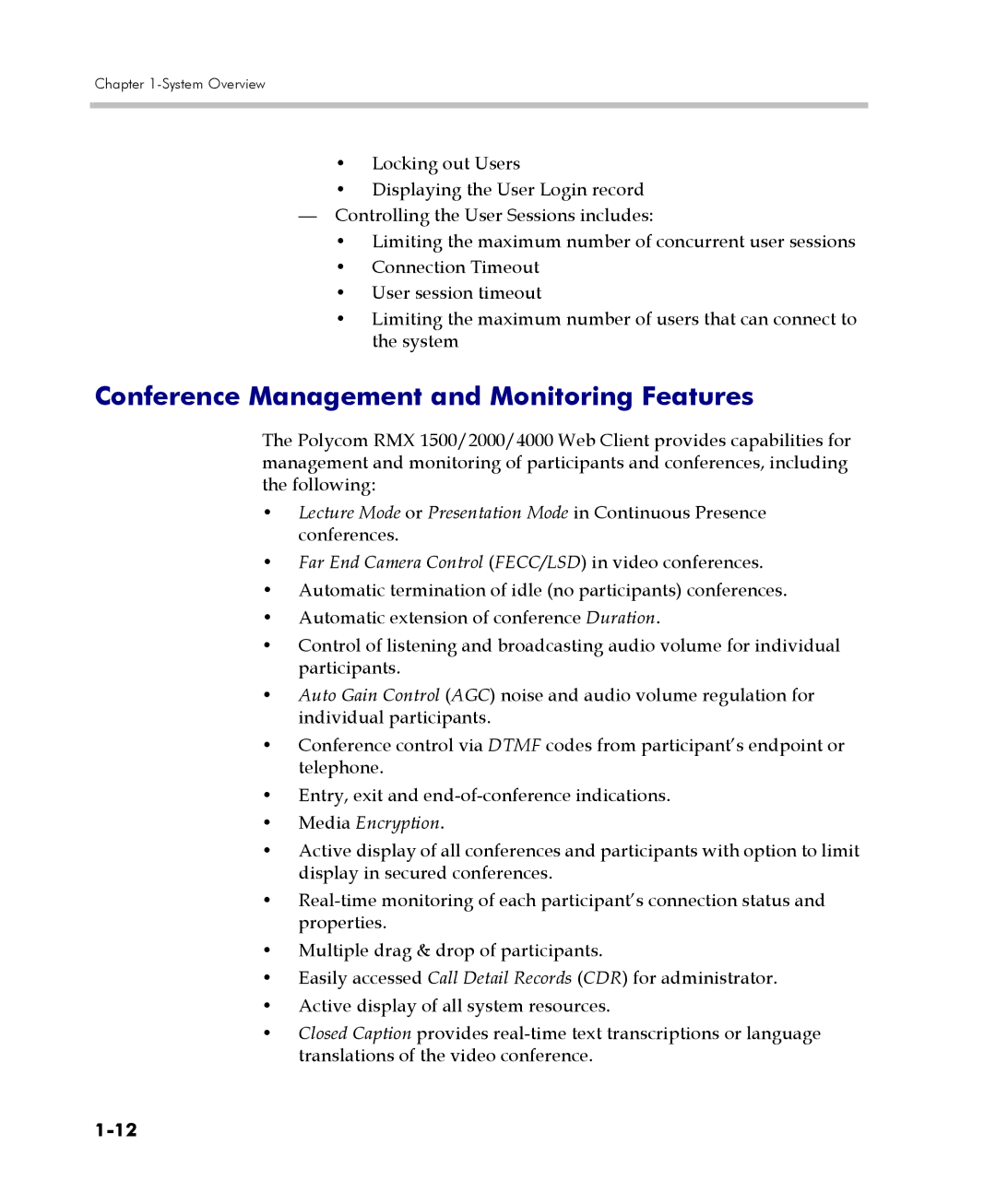 Polycom DOC2560C manual Conference Management and Monitoring Features, Far End Camera Control FECC/LSD in video conferences 