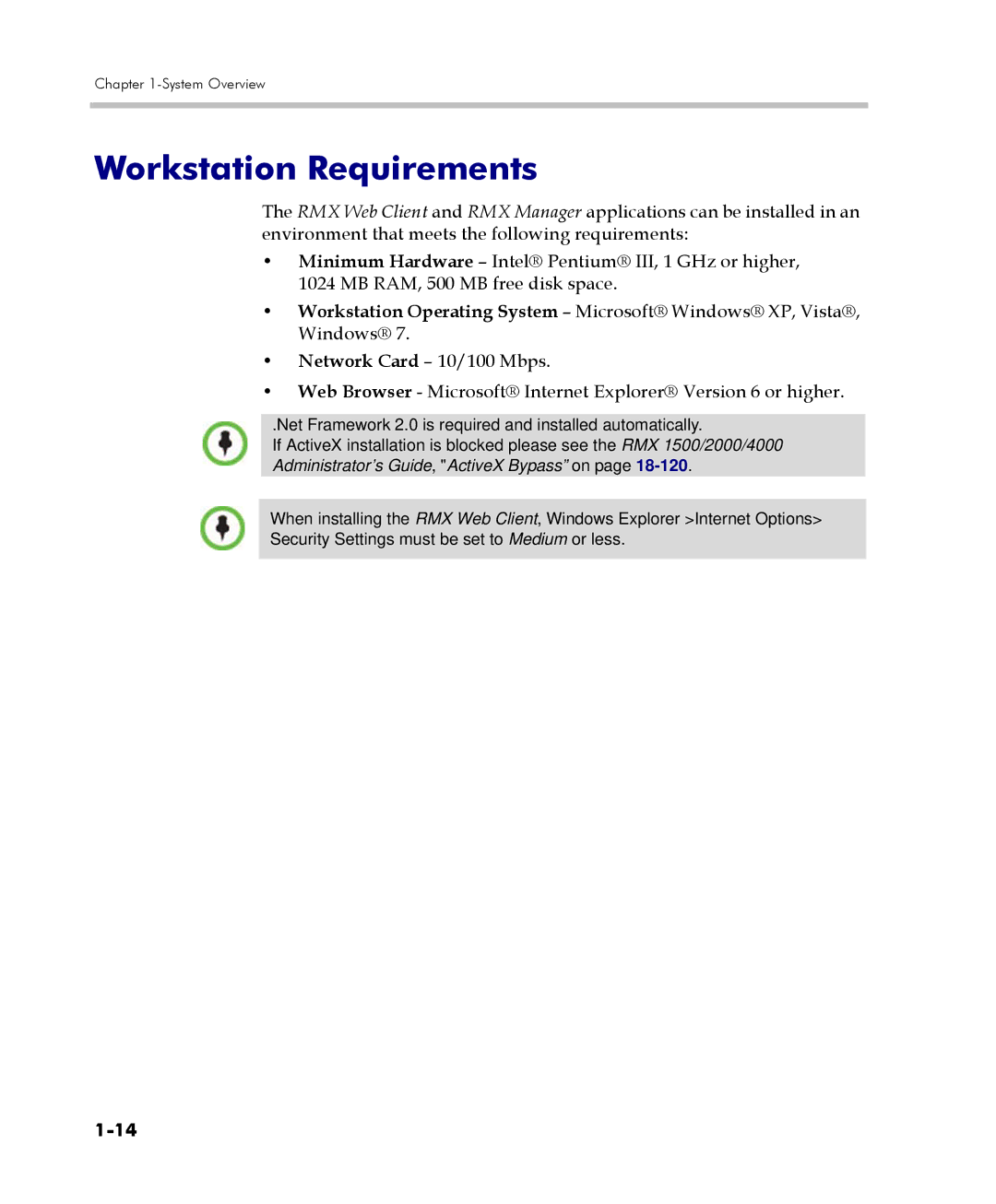 Polycom DOC2560C manual Workstation Requirements, Net Framework 2.0 is required and installed automatically 