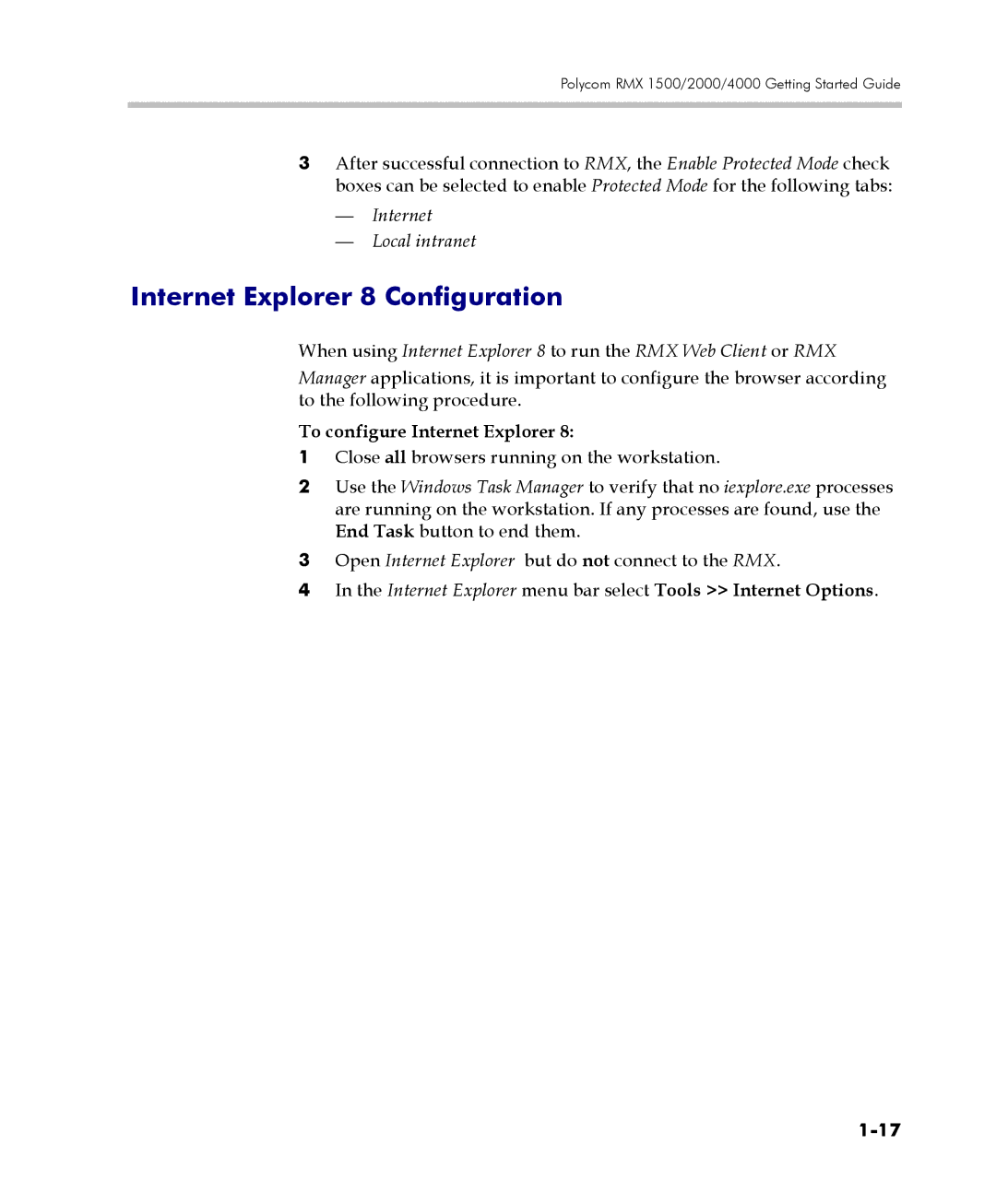 Polycom DOC2560C manual Internet Explorer 8 Configuration, Internet Local intranet, To configure Internet Explorer 