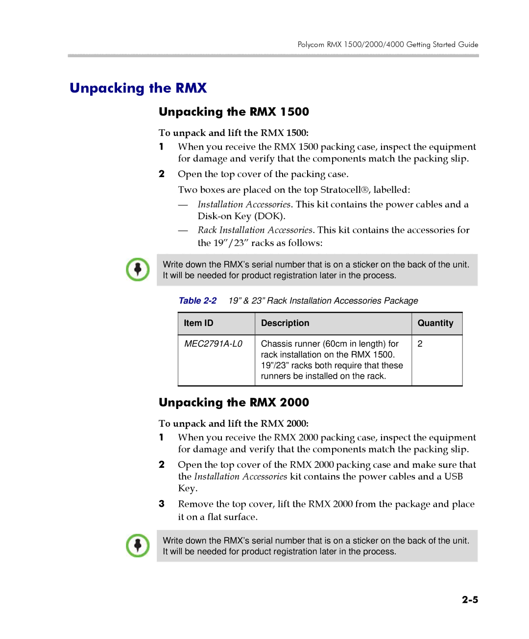 Polycom DOC2560C manual Unpacking the RMX, To unpack and lift the RMX, Item ID Description Quantity 