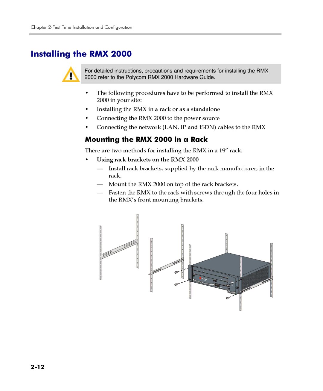 Polycom DOC2560C manual Mounting the RMX 2000 in a Rack, Using rack brackets on the RMX 