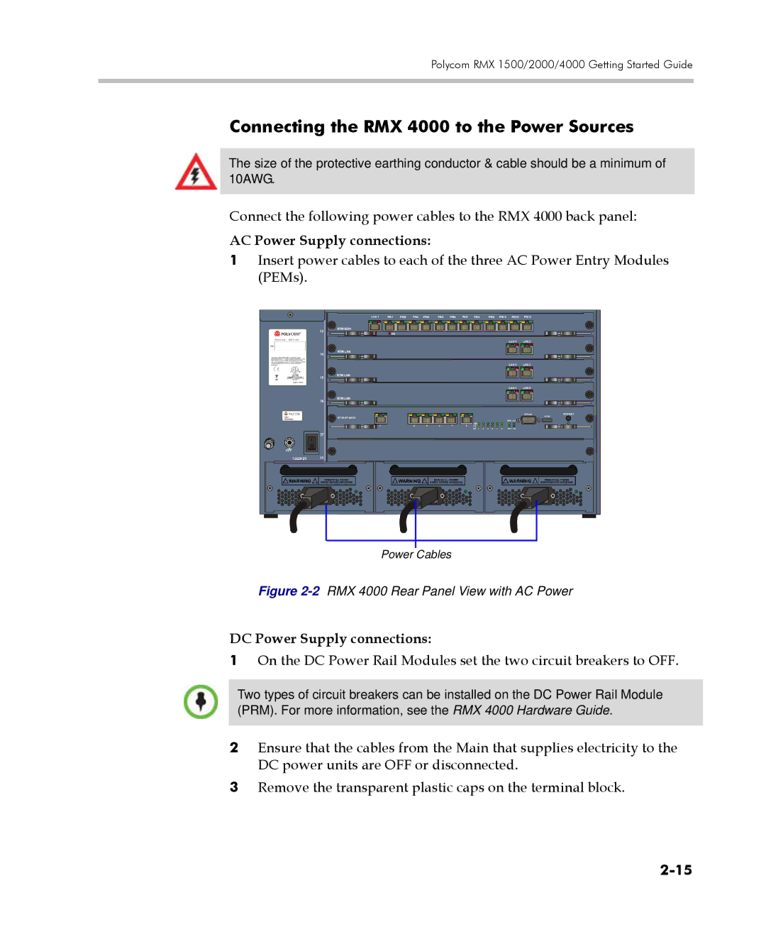 Polycom DOC2560C Connecting the RMX 4000 to the Power Sources, AC Power Supply connections, DC Power Supply connections 