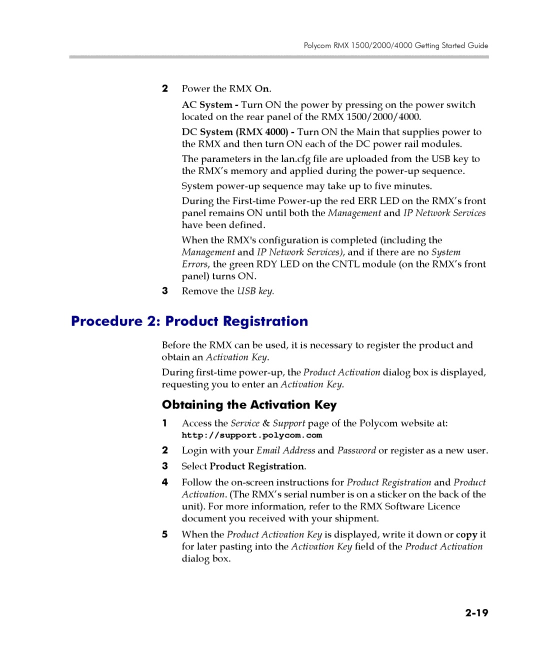 Polycom DOC2560C manual Procedure 2 Product Registration, Obtaining the Activation Key, Select Product Registration 