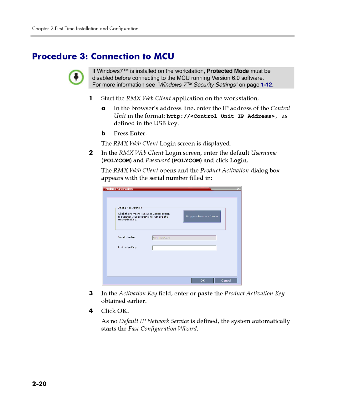 Polycom DOC2560C manual Procedure 3 Connection to MCU, Start the RMX Web Client application on the workstation 