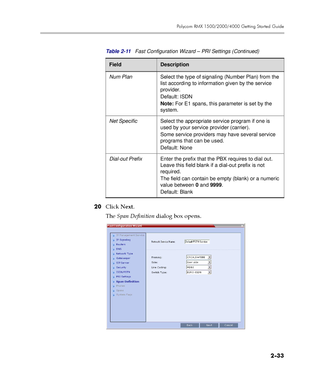 Polycom DOC2560C manual Click Next Span Definition dialog box opens 