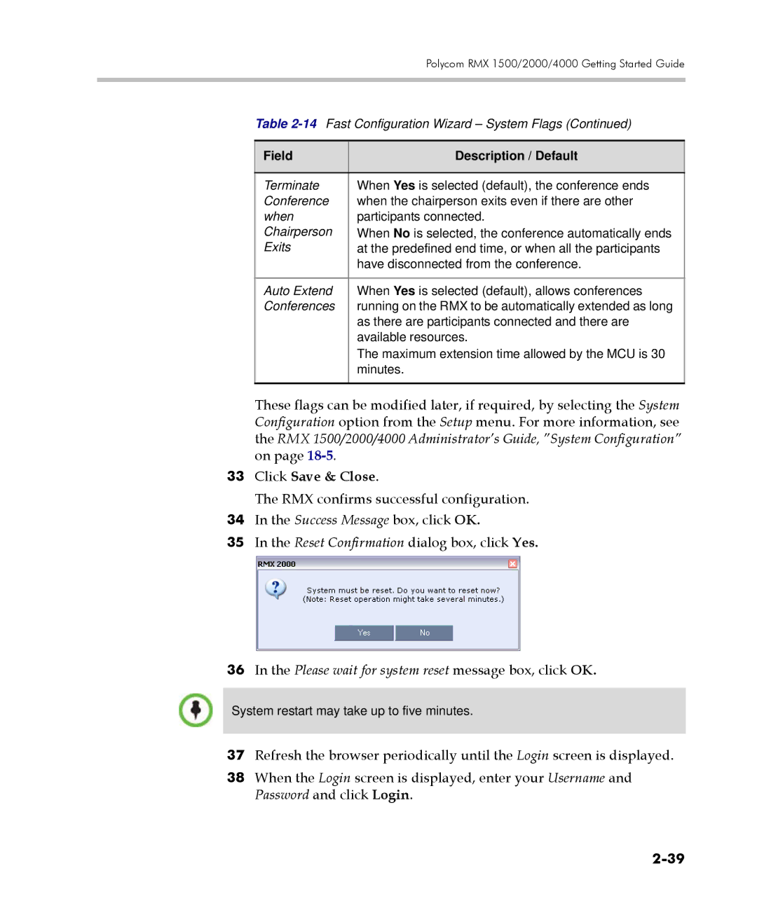 Polycom DOC2560C manual Click Save & Close, Please wait for system reset message box, click OK 