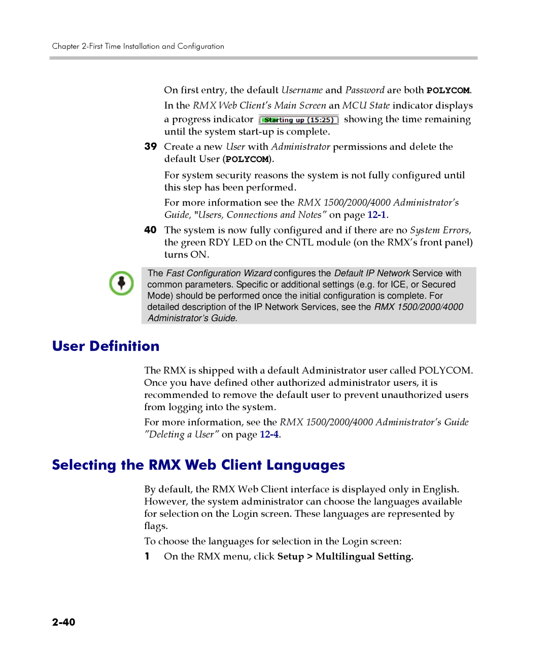 Polycom DOC2560C manual User Definition, Selecting the RMX Web Client Languages 