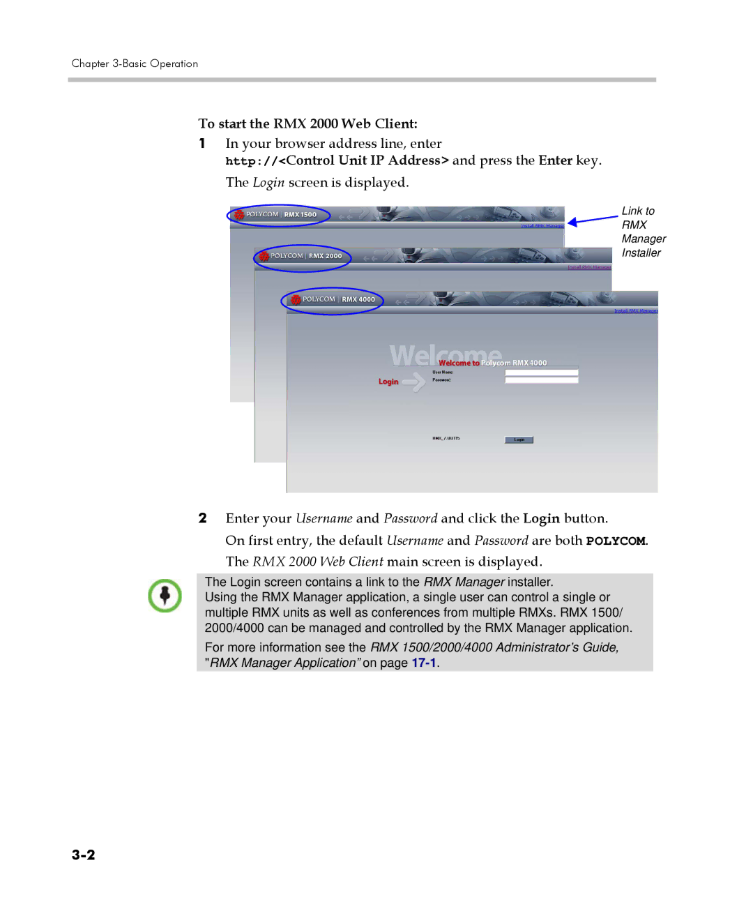 Polycom DOC2560C manual To start the RMX 2000 Web Client, Login screen contains a link to the RMX Manager installer 