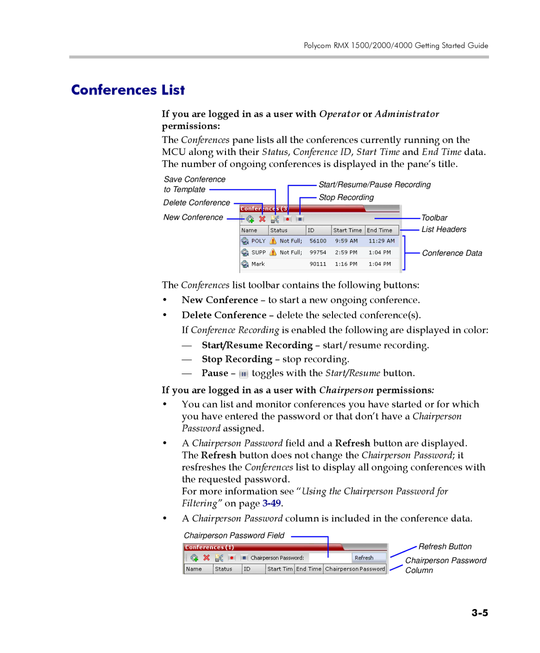 Polycom DOC2560C manual Conferences List, If you are logged in as a user with Chairperson permissions 
