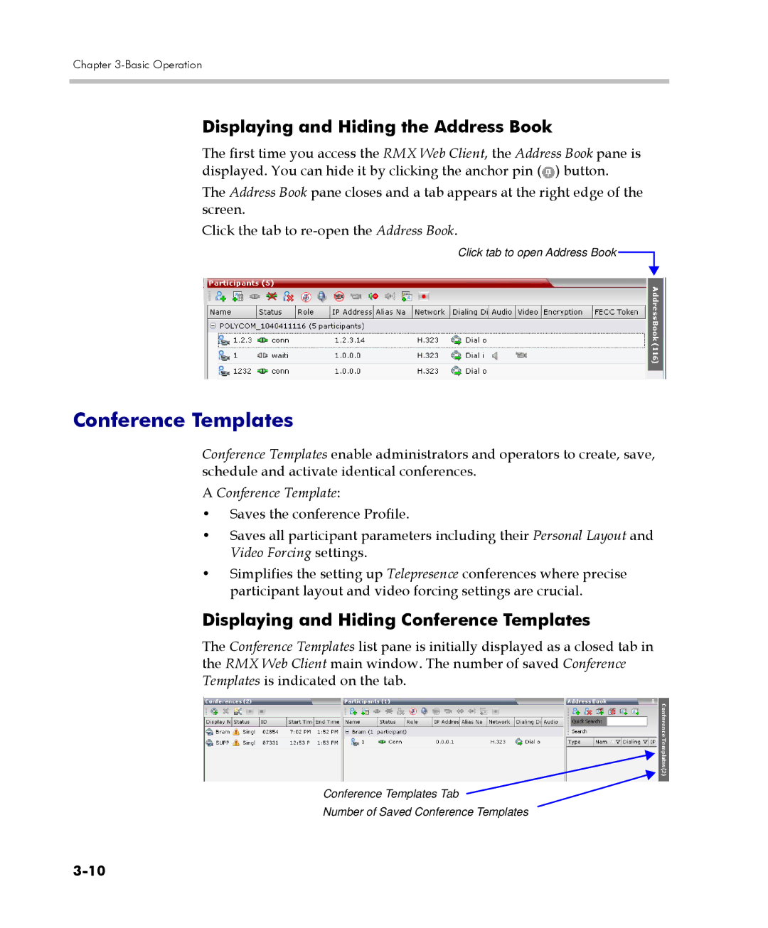 Polycom DOC2560C manual Displaying and Hiding the Address Book, Displaying and Hiding Conference Templates 