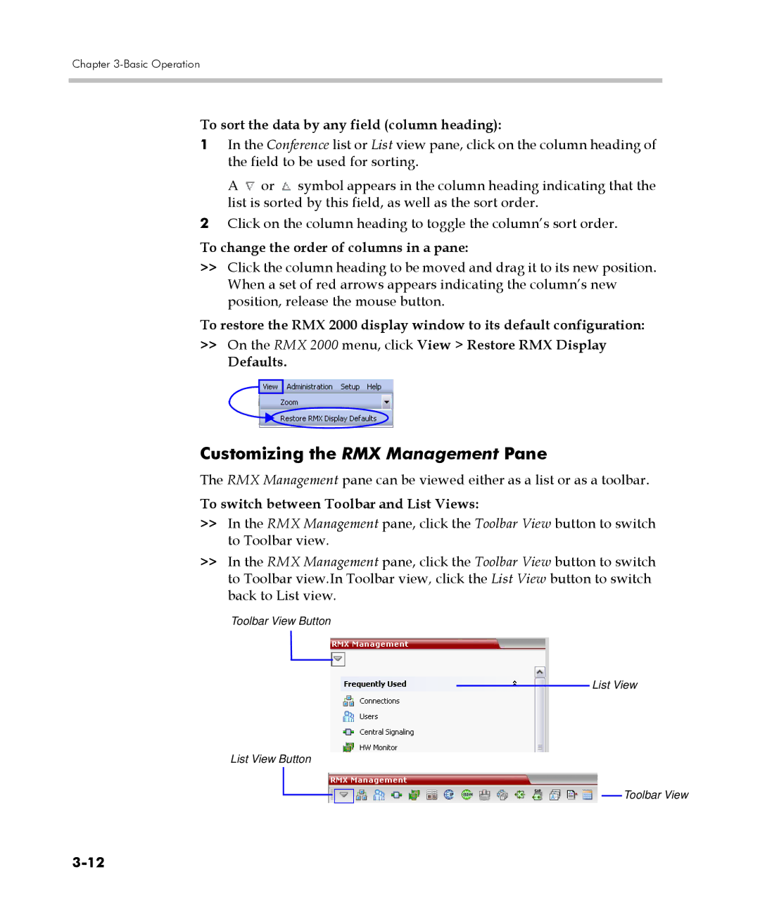 Polycom DOC2560C manual Customizing the RMX Management Pane, To sort the data by any field column heading 