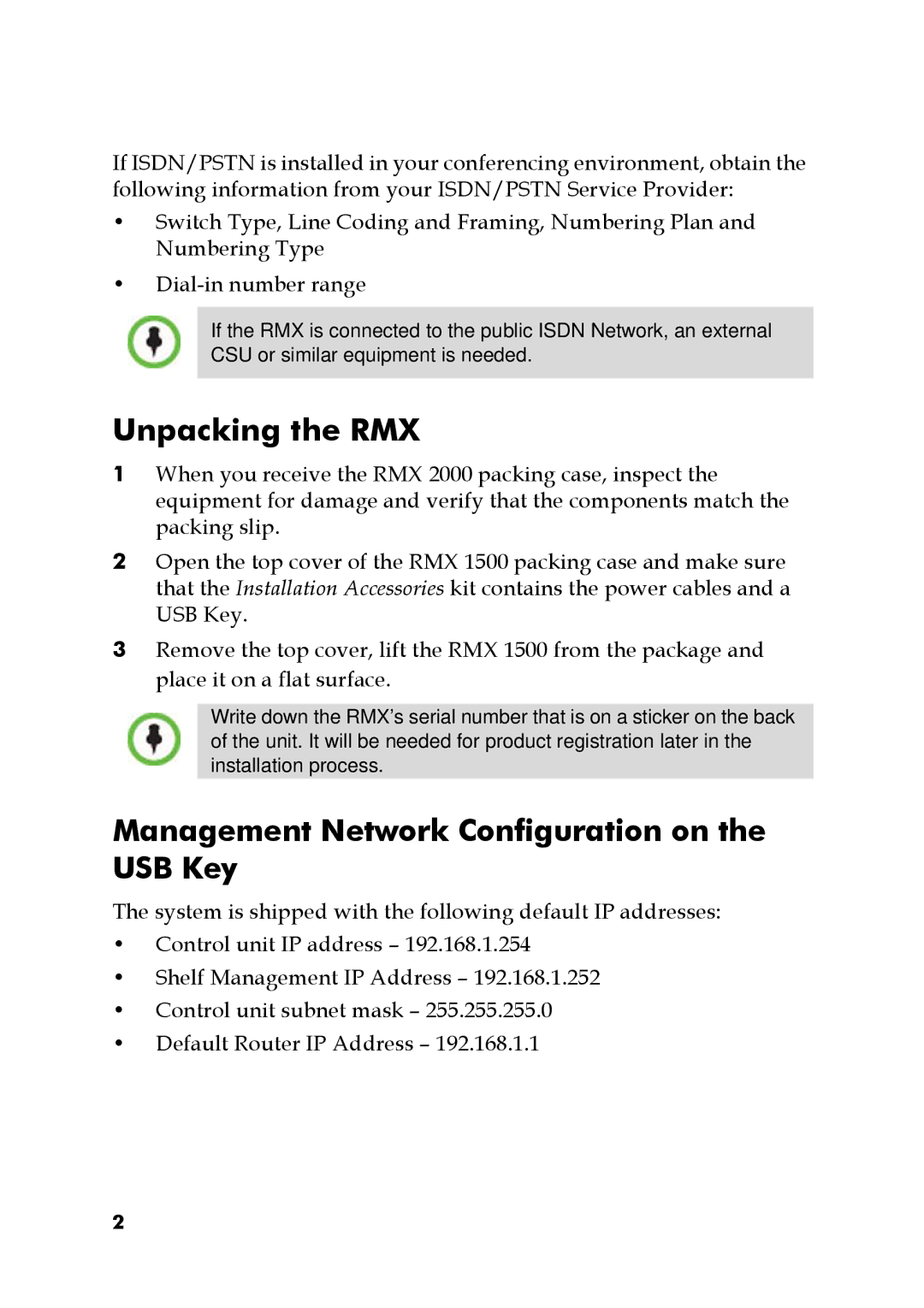 Polycom DOC2562A manual Unpacking the RMX, Management Network Configuration on the USB Key 