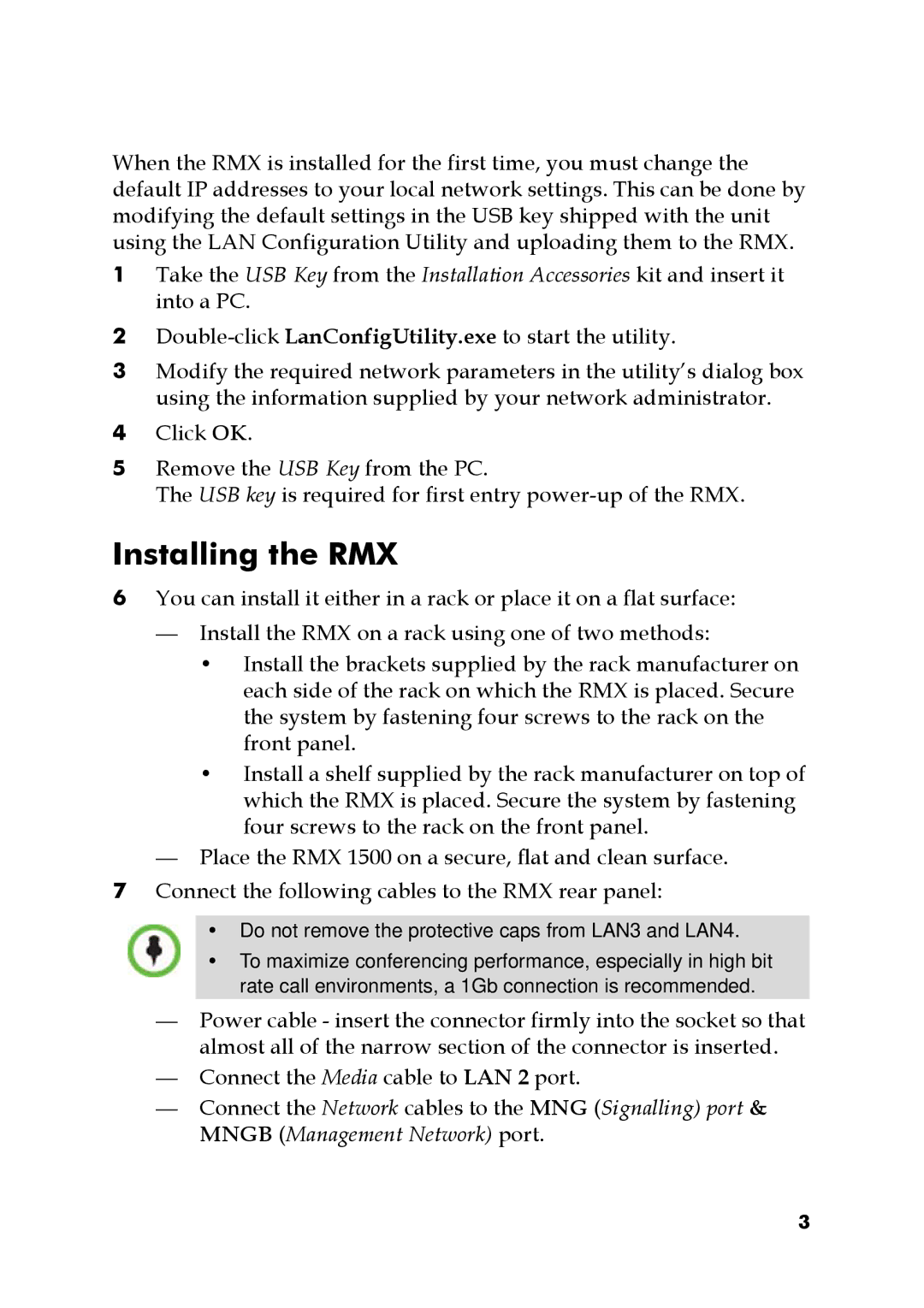 Polycom DOC2562A manual Installing the RMX, Do not remove the protective caps from LAN3 and LAN4 