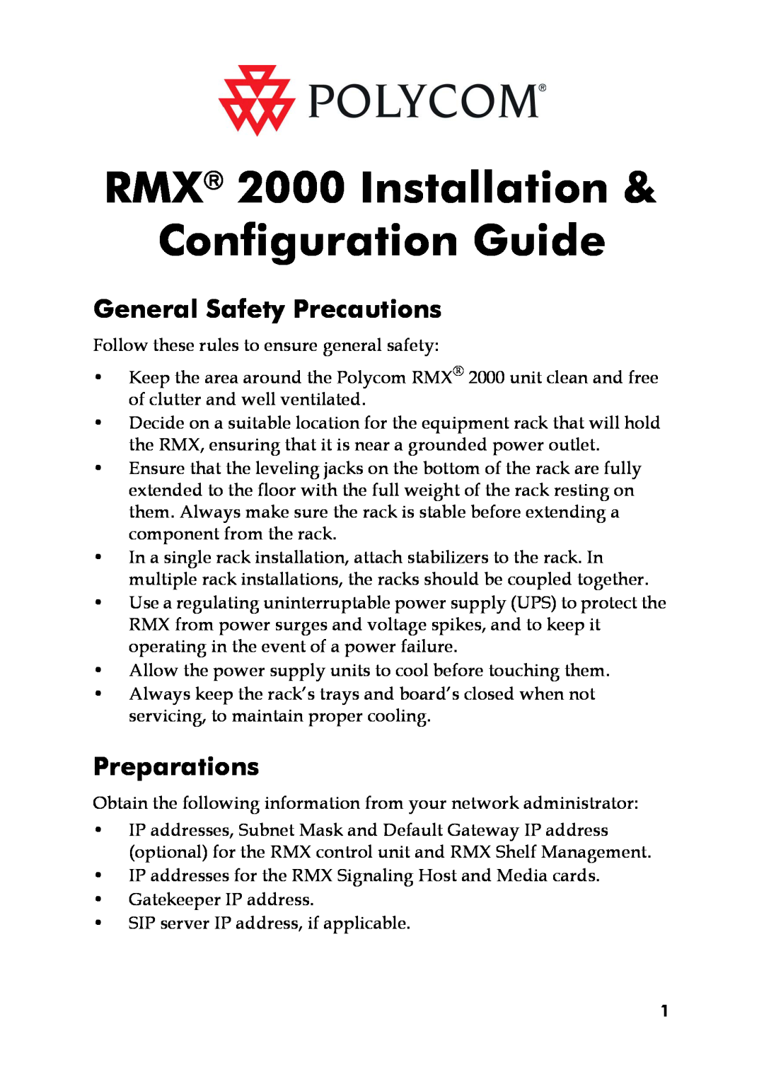 Polycom DOC2563A manual General Safety Precautions, Preparations, RMX 2000 Installation Configuration Guide 