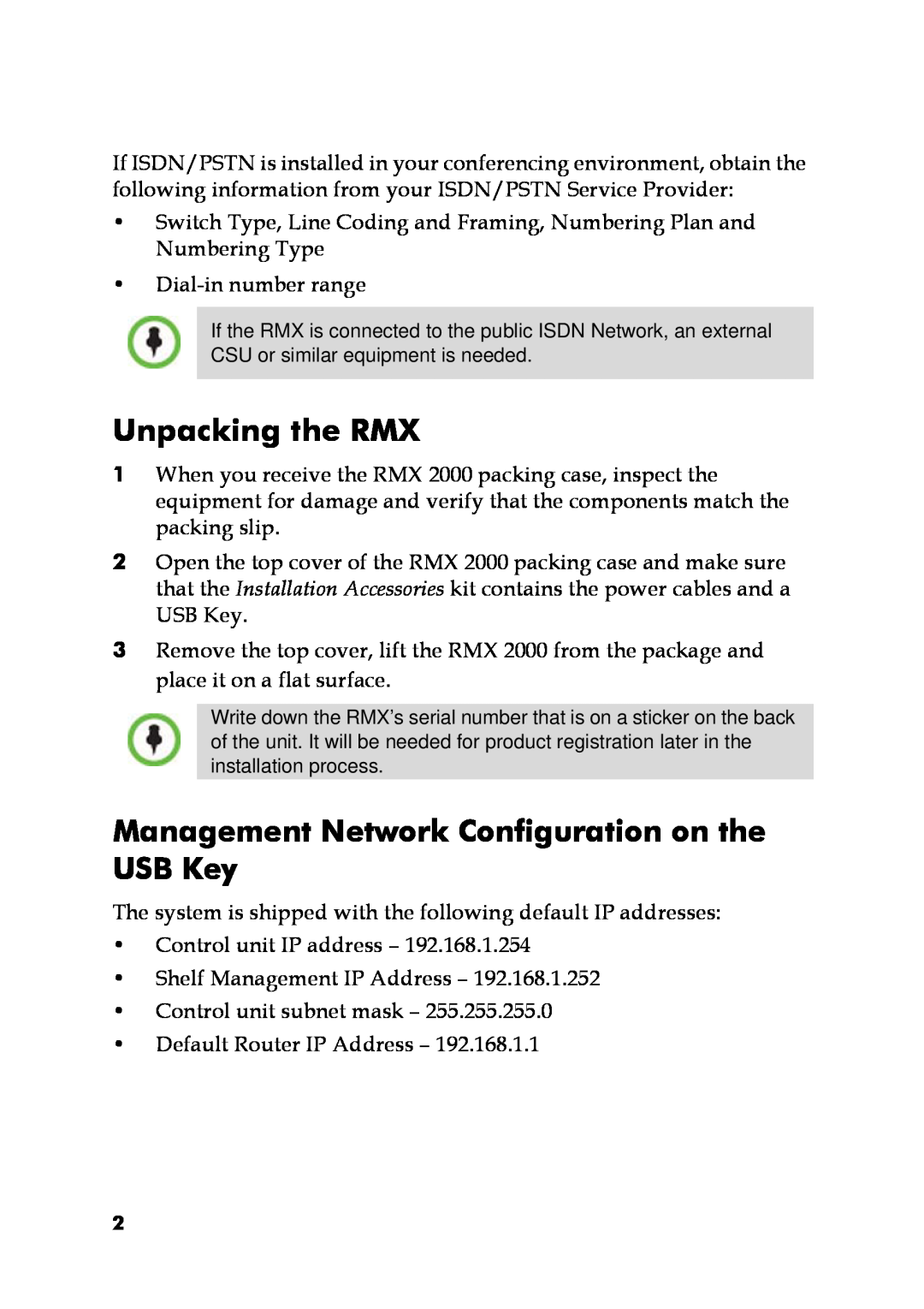 Polycom DOC2563A manual Unpacking the RMX, Management Network Configuration on the USB Key 