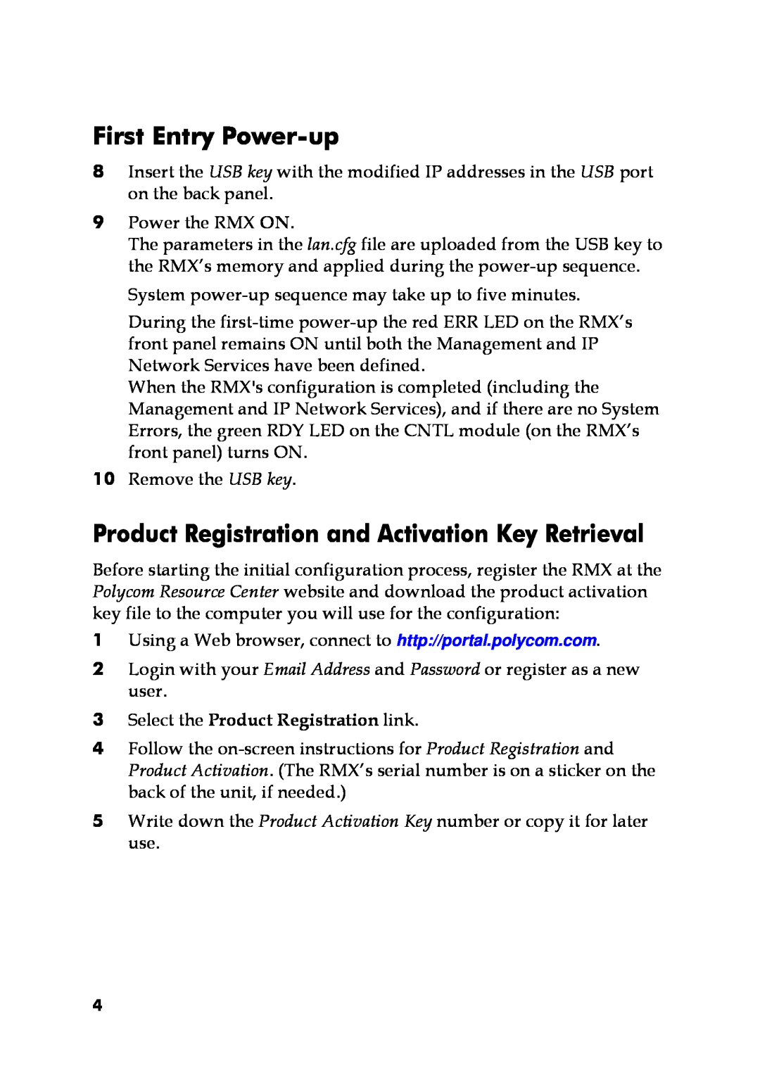 Polycom DOC2563A manual First Entry Power-up, Product Registration and Activation Key Retrieval 