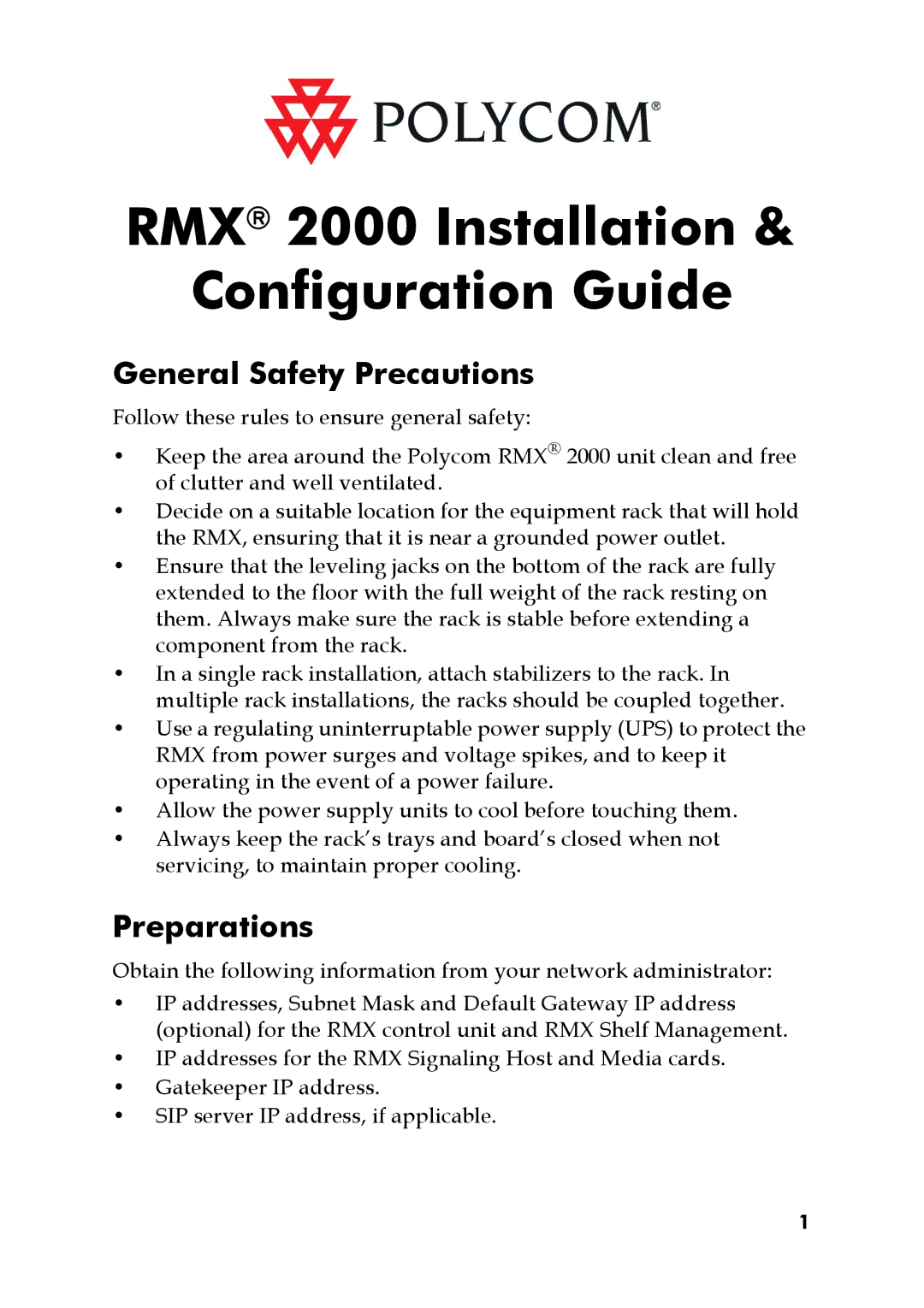 Polycom DOC2563A manual General Safety Precautions, Preparations 