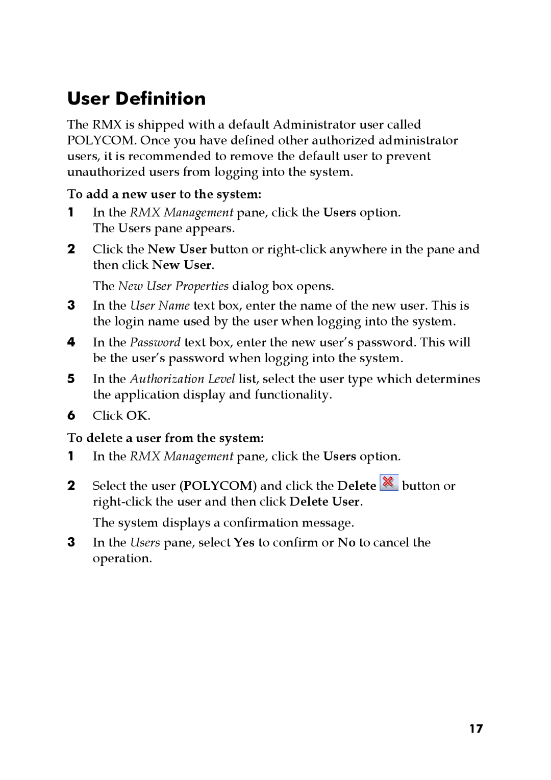 Polycom DOC2563A manual User Definition, To add a new user to the system, To delete a user from the system 