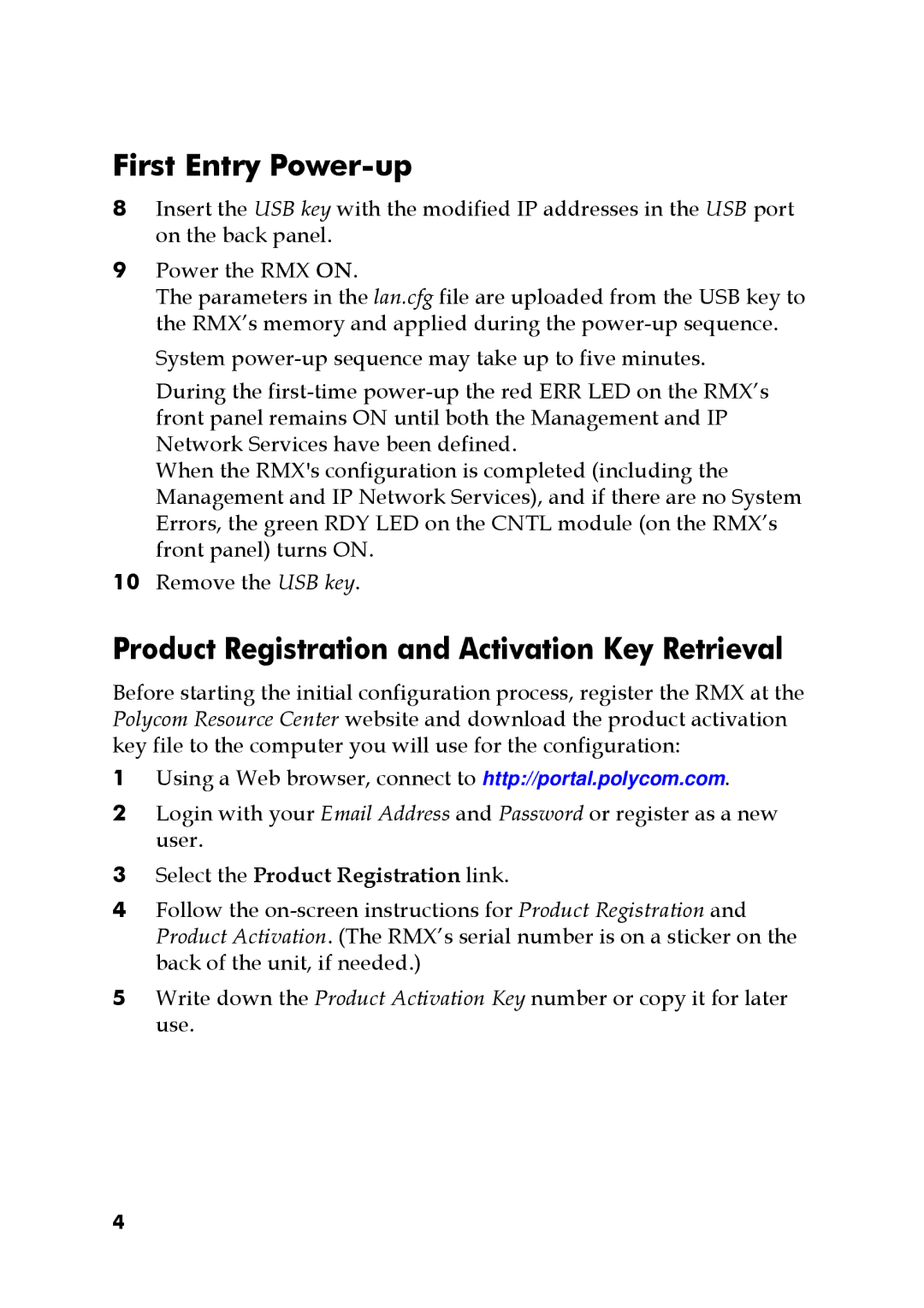 Polycom DOC2563A manual First Entry Power-up, Product Registration and Activation Key Retrieval 