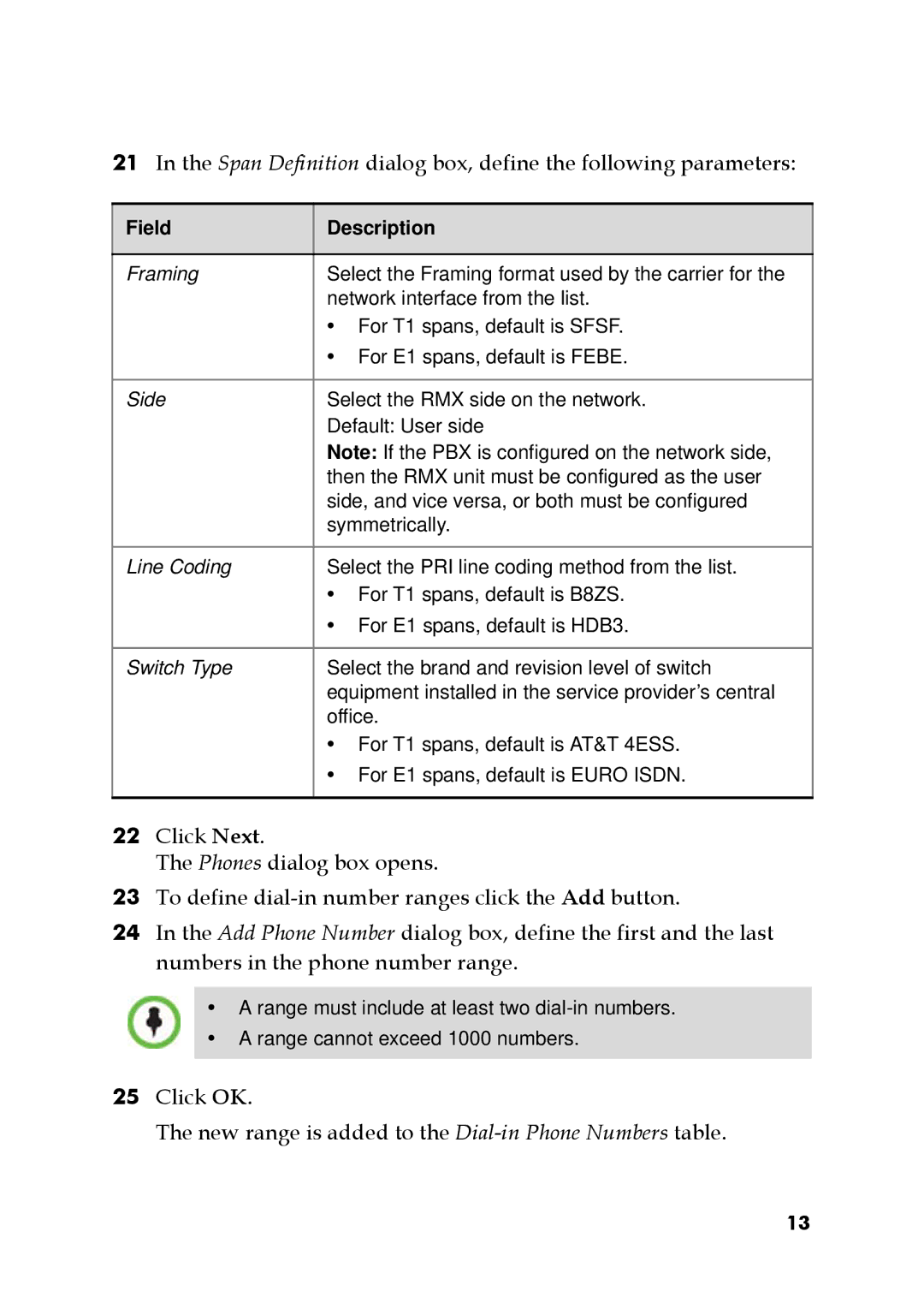 Polycom DOC2564A manual Span Definition dialog box, define the following parameters 