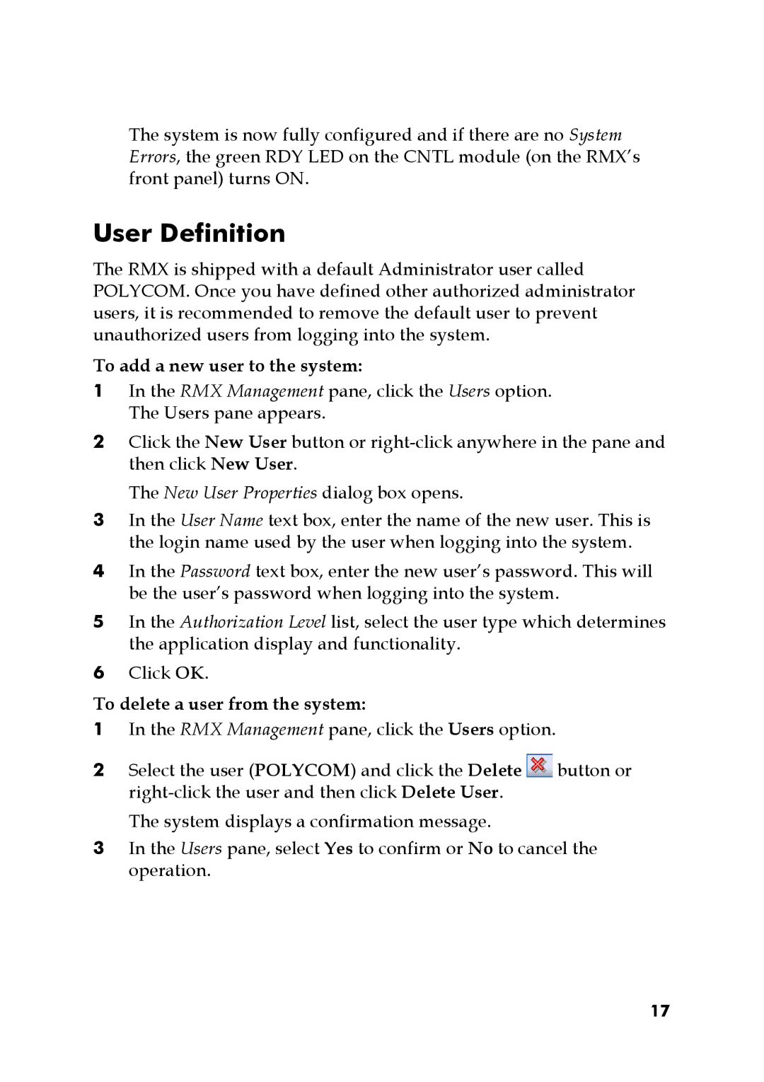 Polycom DOC2564A manual User Definition, To add a new user to the system, To delete a user from the system 