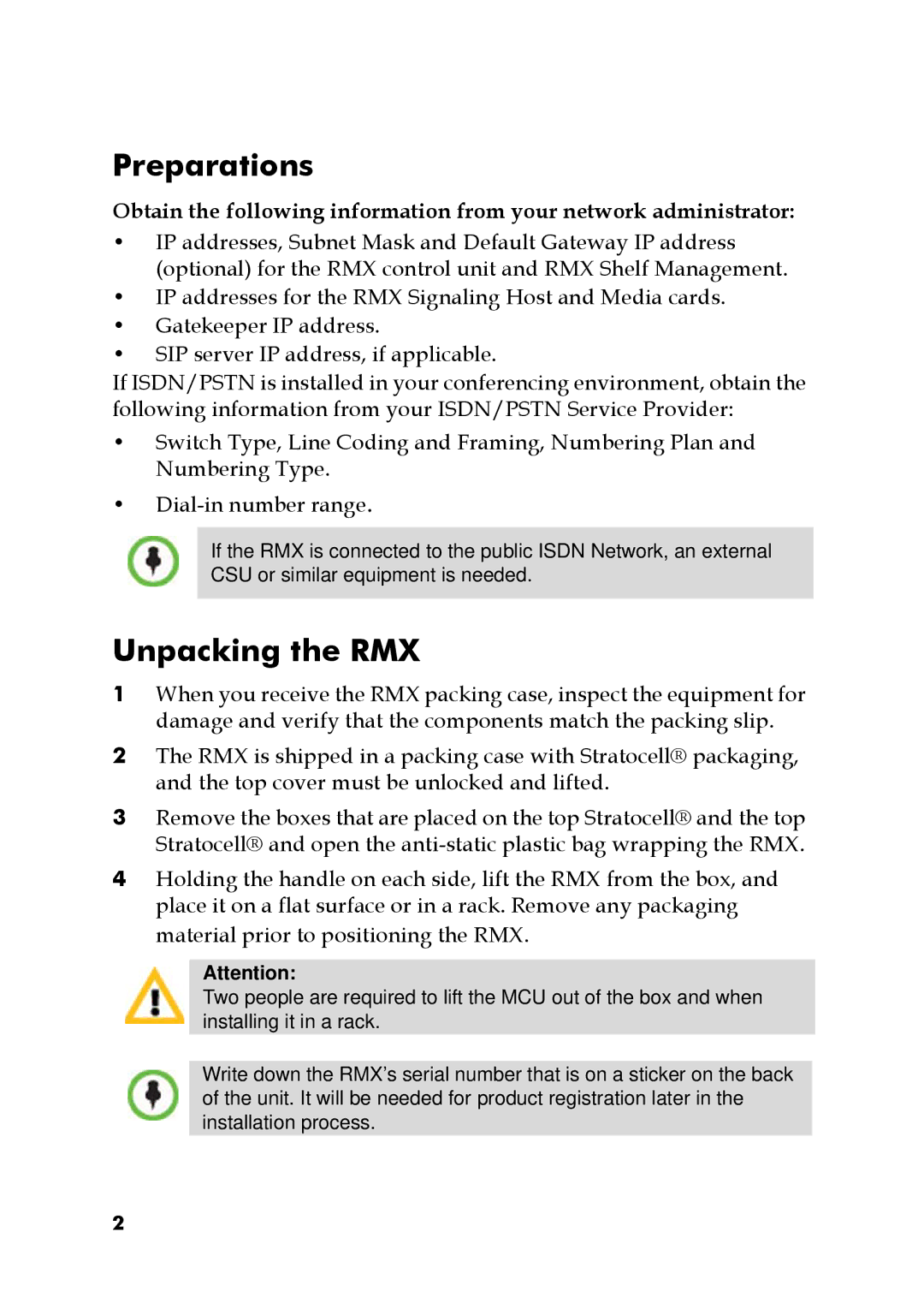 Polycom DOC2564A manual Preparations, Unpacking the RMX 