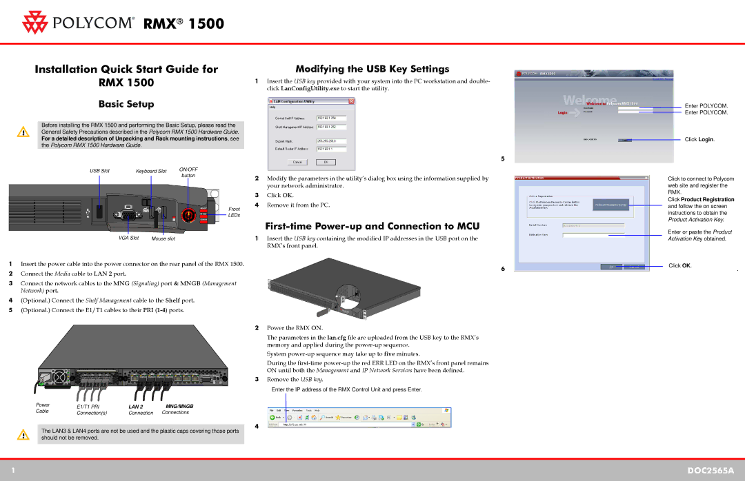 Polycom DOC2565A quick start Basic Setup, Modifying the USB Key Settings, First-time Power-up and Connection to MCU 