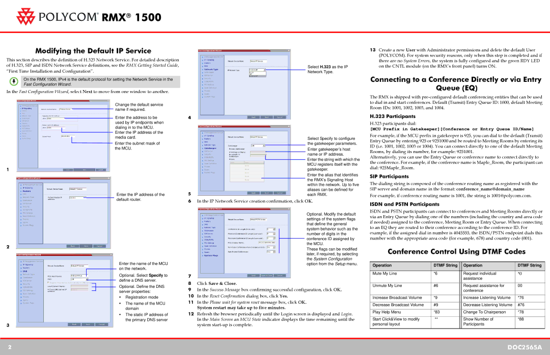 Polycom DOC2565A quick start Modifying the Default IP Service, Connecting to a Conference Directly or via Entry Queue EQ 