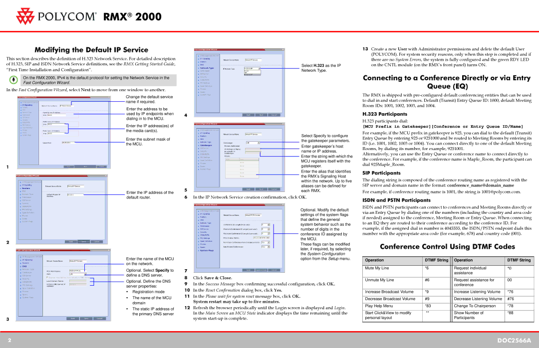 Polycom DOC2566A quick start Modifying the Default IP Service, Connecting to a Conference Directly or via Entry Queue EQ 