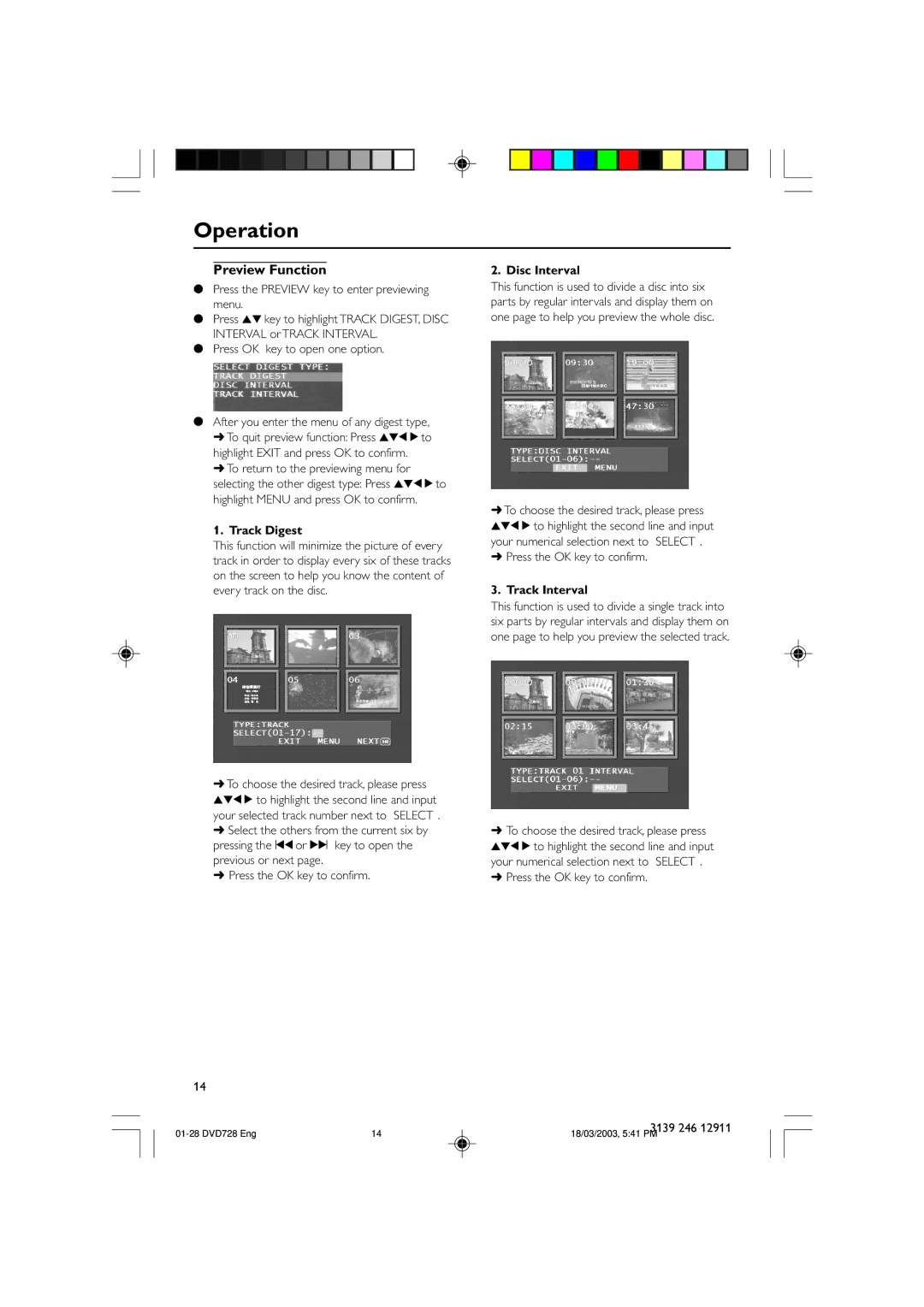 Polycom DVD 729 owner manual Preview Function, Track Digest, Disc Interval, Track Interval 