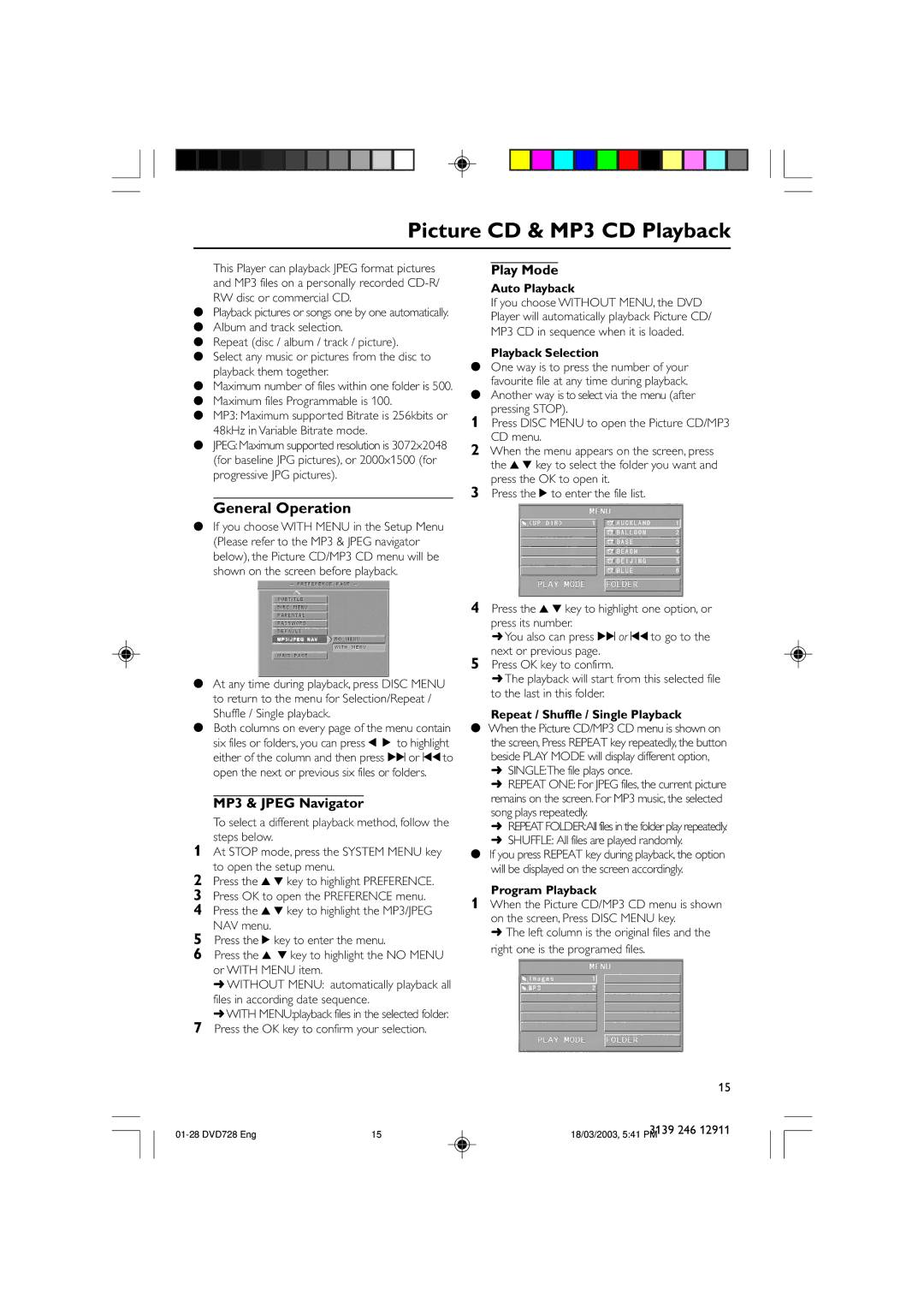 Polycom DVD 729 owner manual Picture CD & MP3 CD Playback, MP3 & Jpeg Navigator, Play Mode 