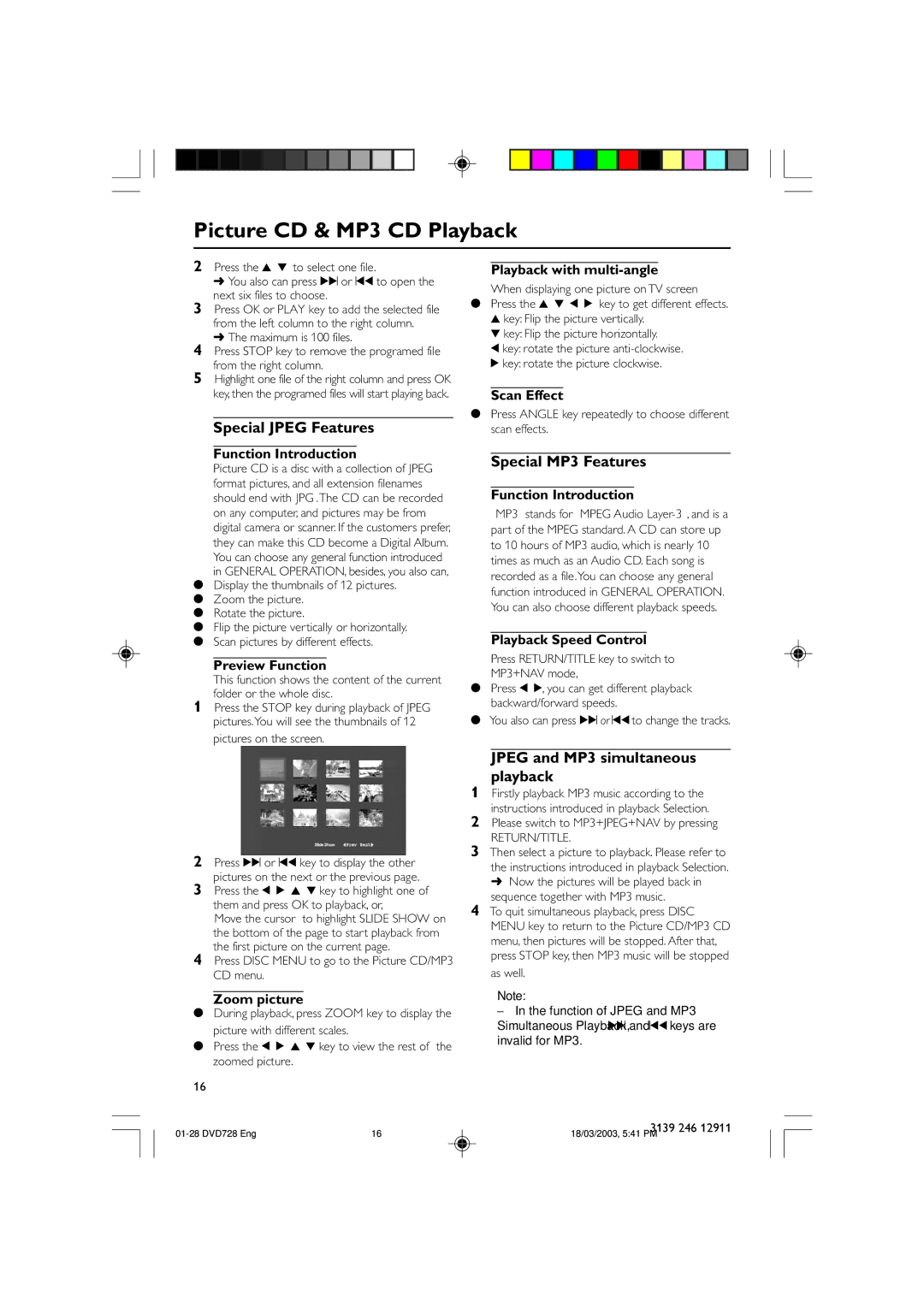 Polycom DVD 729 owner manual Special Jpeg Features, Special MP3 Features, Jpeg and MP3 simultaneous playback 