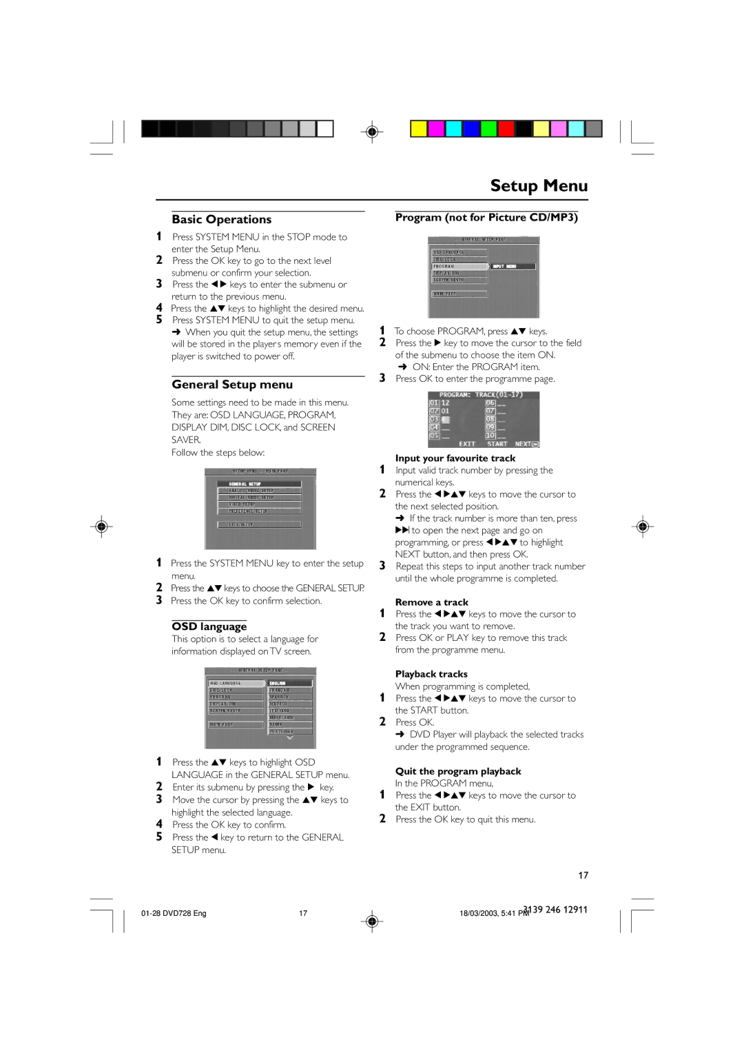 Polycom DVD 729 owner manual Setup Menu, Basic Operations, General Setup menu, OSD language, Program not for Picture CD/MP3 