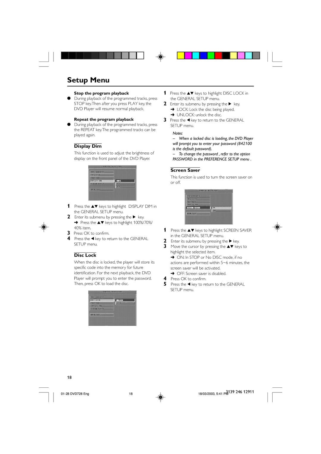 Polycom DVD 729 owner manual Display Dim, Disc Lock, Screen Saver, Stop the program playback, Repeat the program playback 